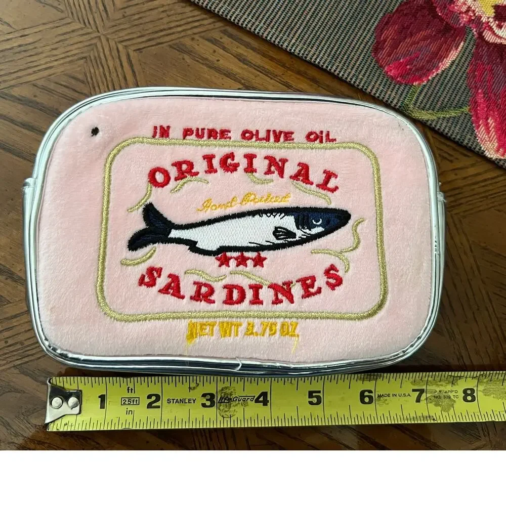 Pink Sardine Makeup Bag Travel Cosmetic Pouch Brush Set Tinned Fish Plush
